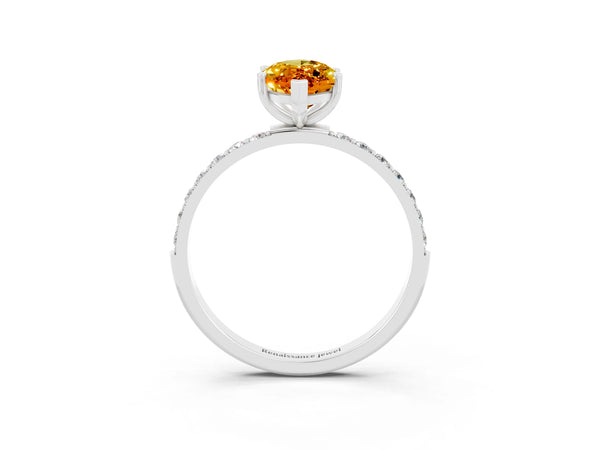 White gold Marquise Cut Citrine Solitaire Ring with Round Pavé Shoulders and Prong Setting