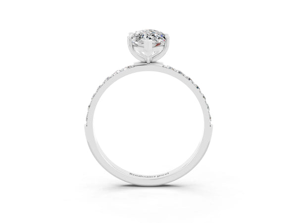 White gold Marquise Cut Moissanite Solitaire Ring with Round Pavé Shoulders and Prong Setting