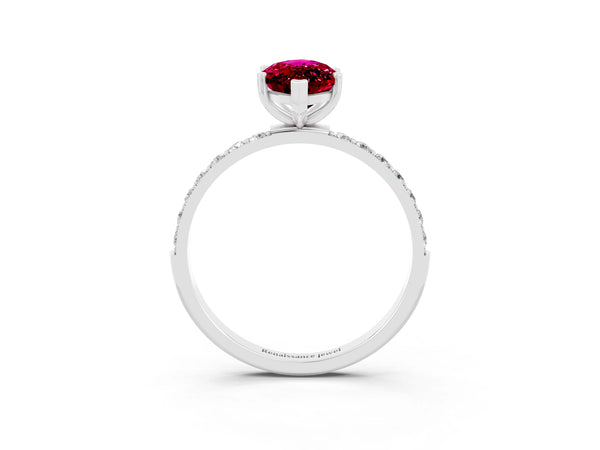 White gold Marquise Cut Garnet Solitaire Ring with Round Pavé Shoulders and Prong Setting