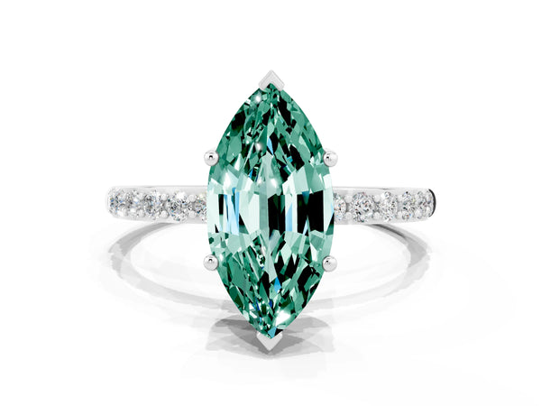 Silver Marquise Cut Green Sapphire Solitaire Ring with Round Pavé Shoulders and Prong Setting