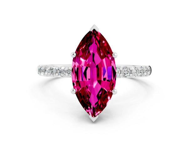 Silver Marquise Cut Garnet Solitaire Ring with Round Pavé Shoulders and Prong Setting