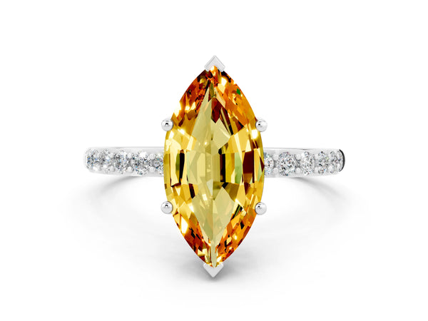 Platinum Marquise Cut Citrine Solitaire Ring with Round Pavé Shoulders and Prong Setting