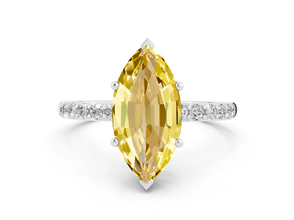 Platinum Marquise Cut Yellow Sapphire Solitaire Ring with Round Pavé Shoulders and Prong Setting