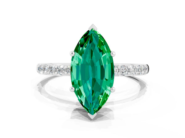 Silver Marquise Cut Emerald Solitaire Ring with Round Pavé Shoulders and Prong Setting
