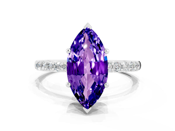 Silver Marquise Cut Tanzanite Solitaire Ring with Round Pavé Shoulders and Prong Setting