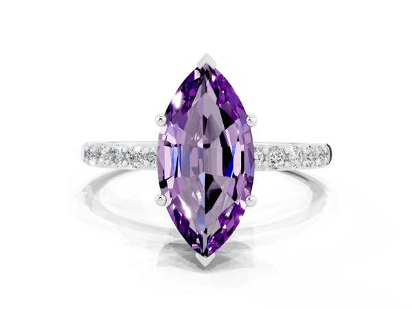 Platinum Marquise Cut Amethyst Solitaire Ring with Round Pavé Shoulders and Prong Setting