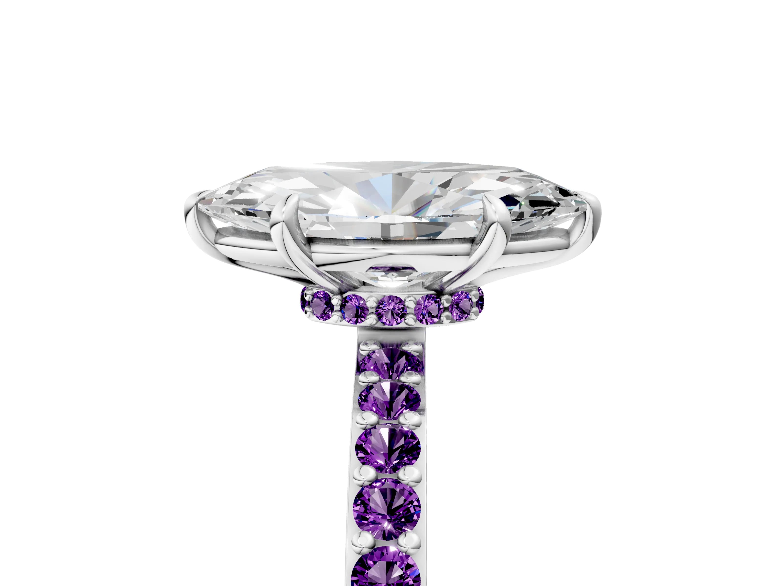 White gold Marquise Cut Diamond Pavé Engagement Ring with Round with Amethyst side stone Accents and Prong Setting_17