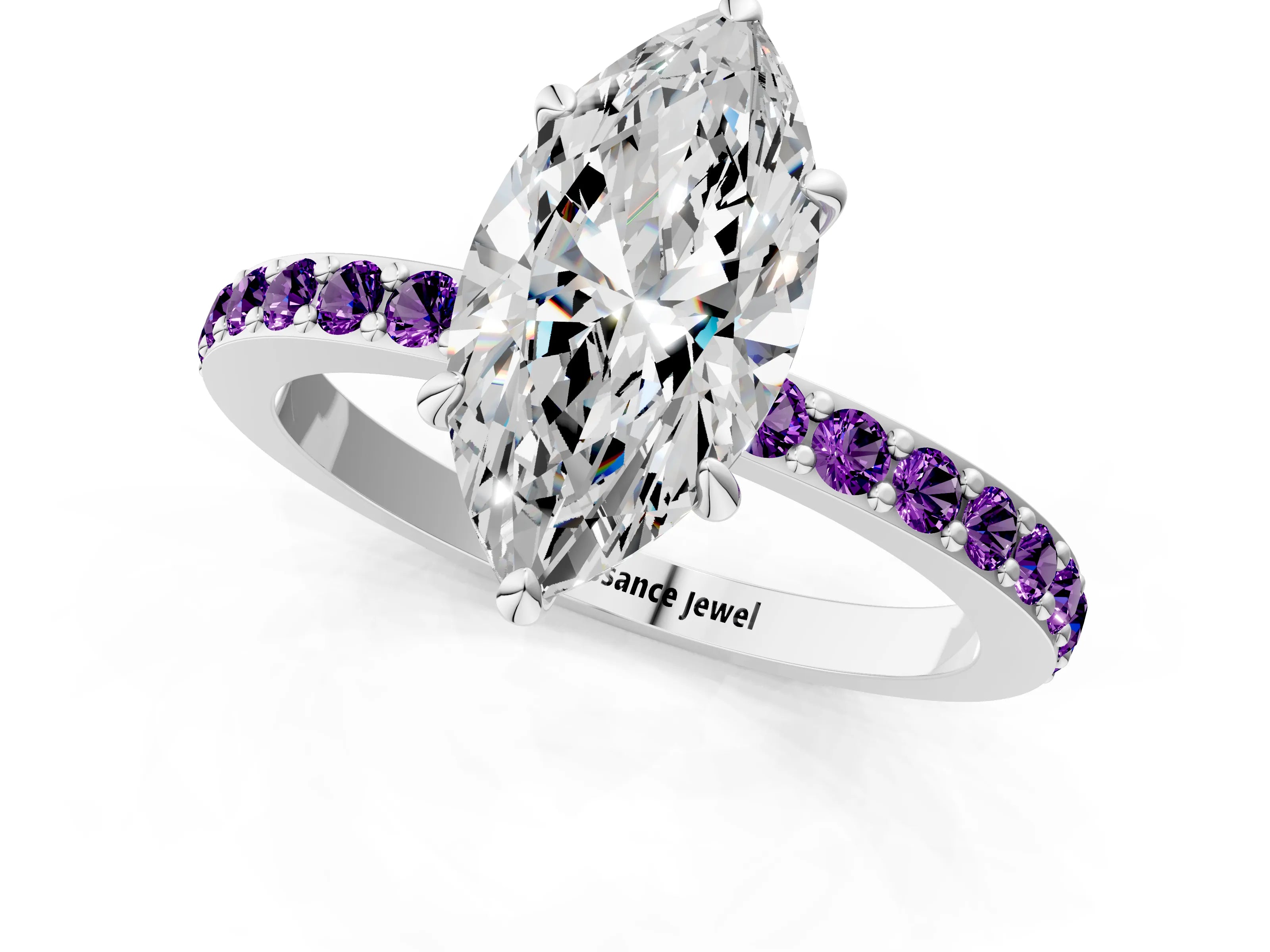White gold Marquise Cut Diamond Pavé Engagement Ring with Round with Amethyst side stone Accents and Prong Setting_1