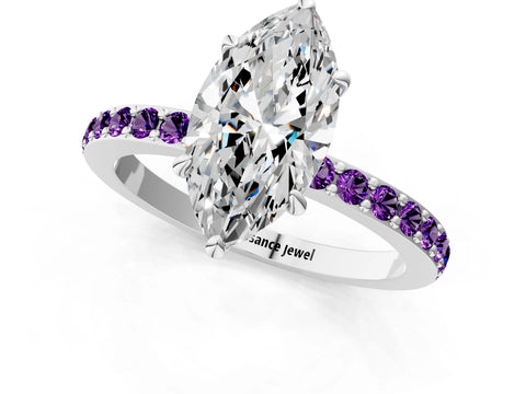 White gold Marquise Cut Diamond Pavé Engagement Ring with Round with Amethyst side stone Accents and Prong Setting_1