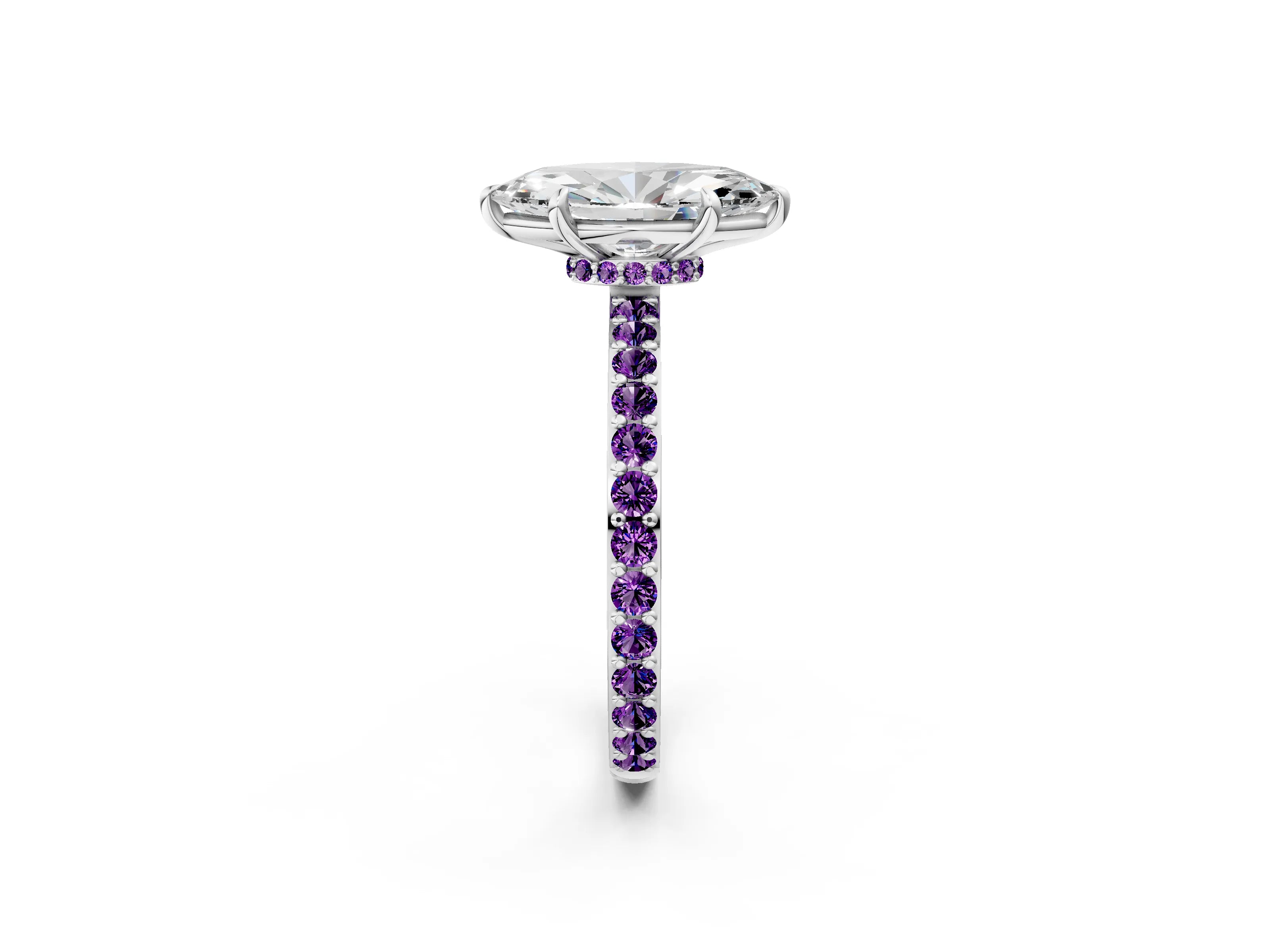 White gold Marquise Cut Diamond Pavé Engagement Ring with Round with Amethyst side stone Accents and Prong Setting_2