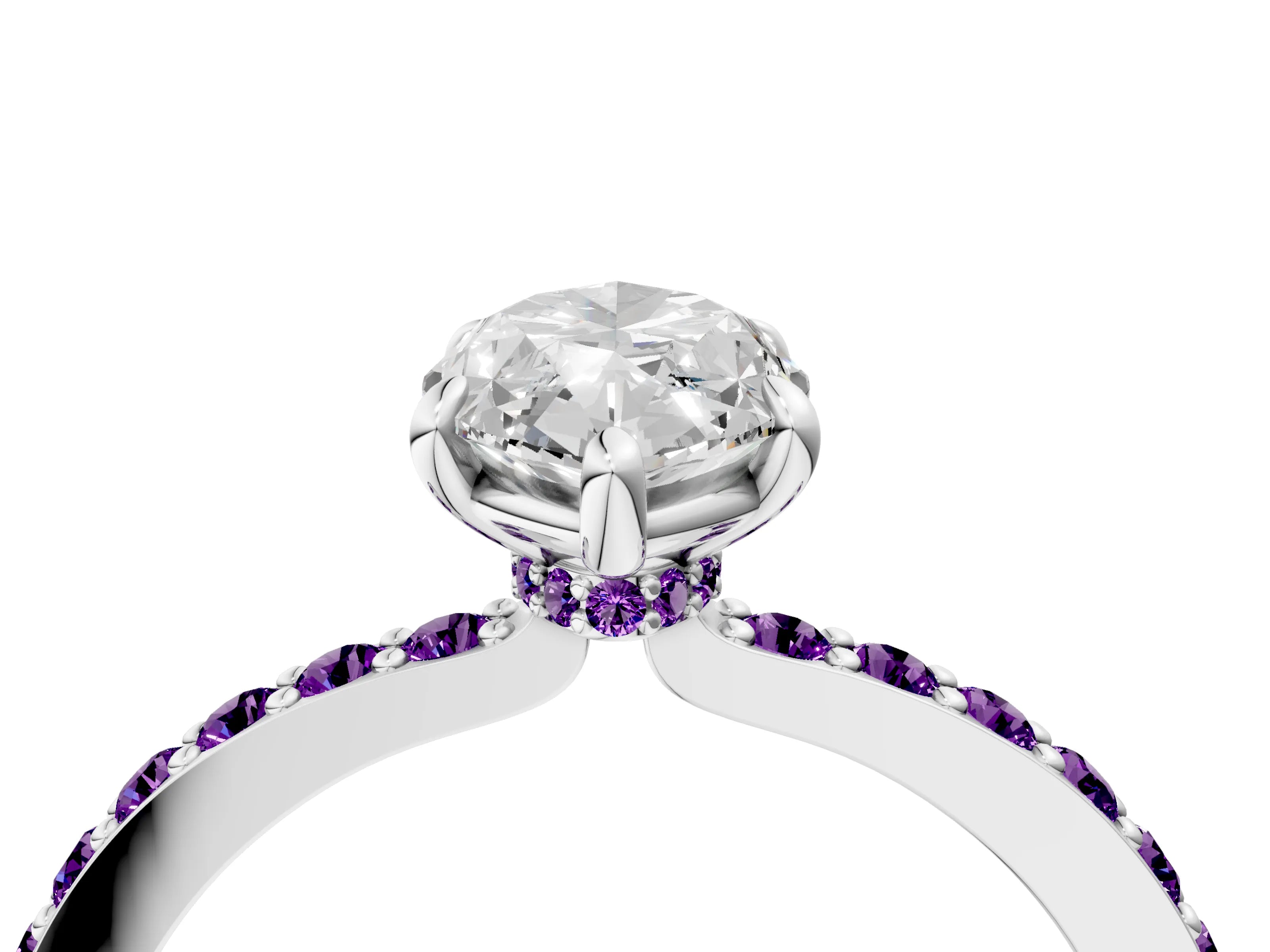 White gold Marquise Cut Diamond Pavé Engagement Ring with Round with Amethyst side stone Accents and Prong Setting_4