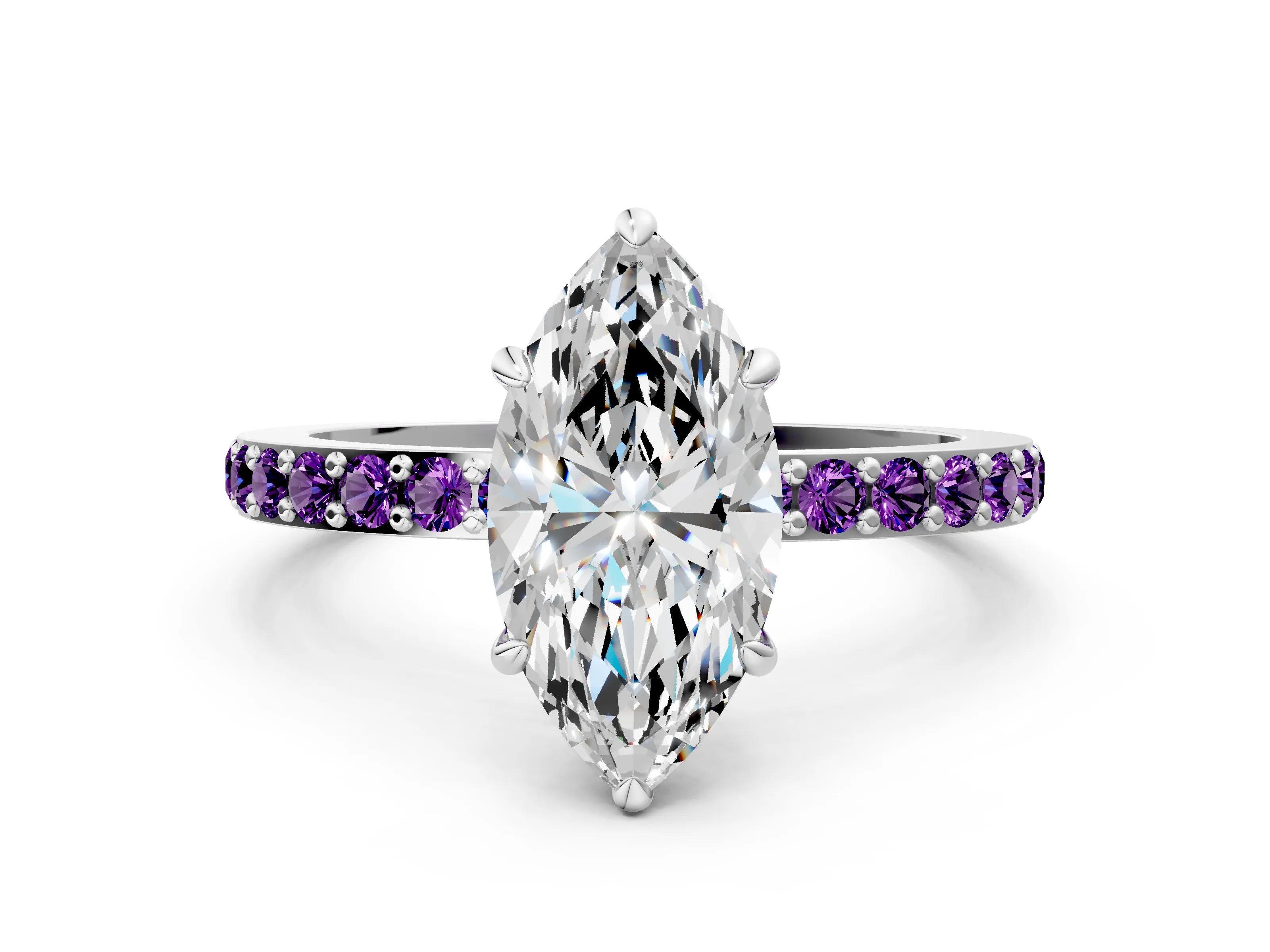 White gold Marquise Cut Diamond Pavé Engagement Ring with Round with Amethyst side stone Accents and Prong Setting