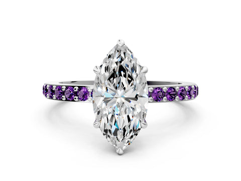 White gold Marquise Cut Diamond Pavé Engagement Ring with Round with Amethyst side stone Accents and Prong Setting