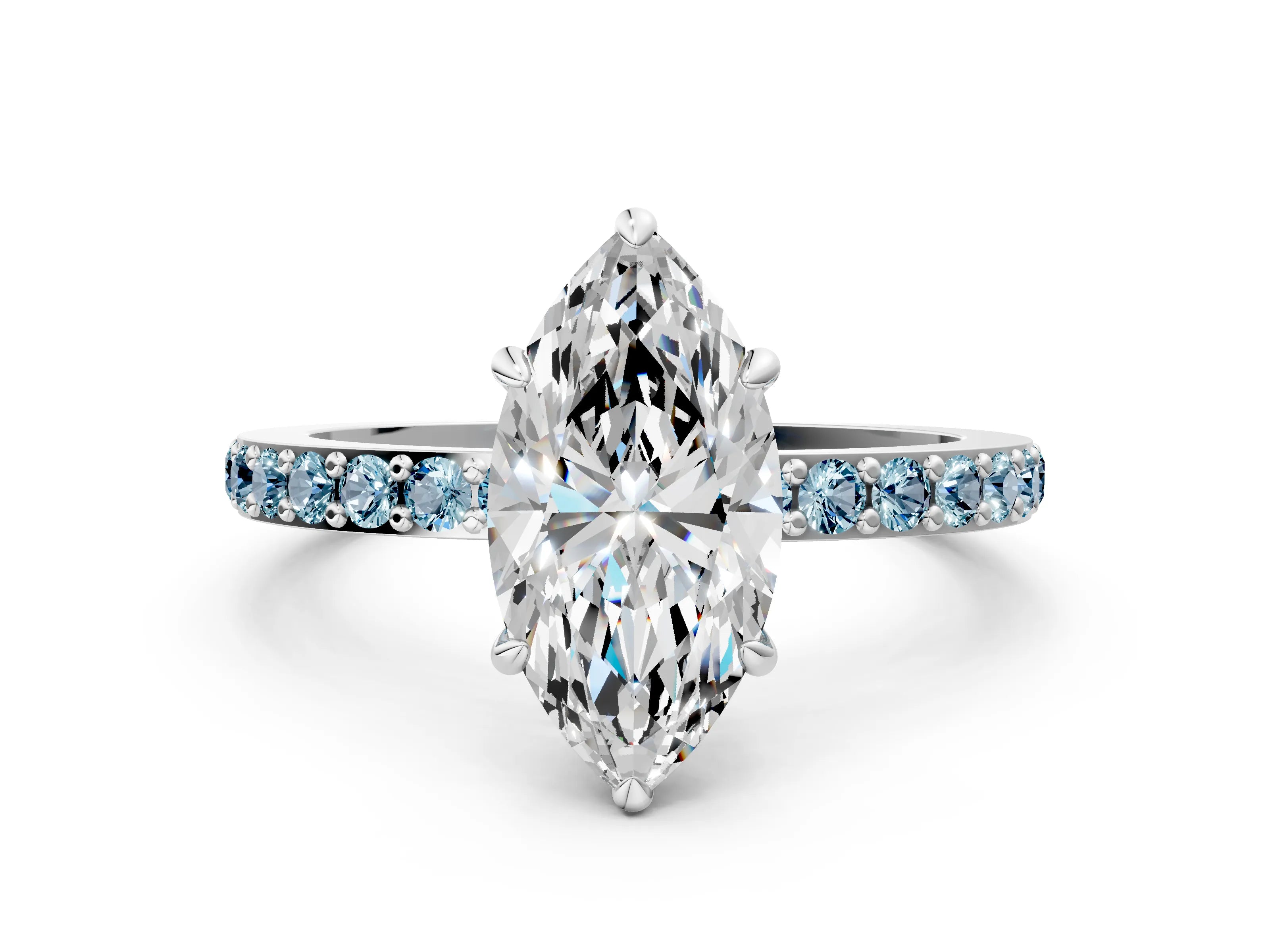 White gold Marquise Cut Diamond Pavé Engagement Ring with Round with Aquamarine side stone Accents and Prong Setting_12
