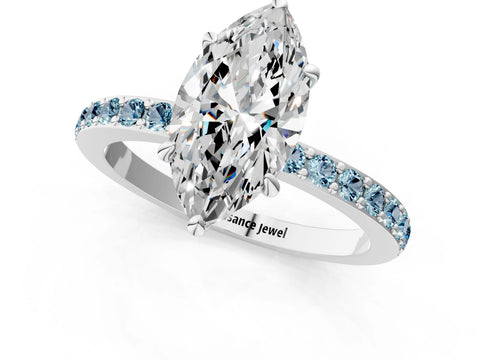 White gold Marquise Cut Diamond Pavé Engagement Ring with Round with Aquamarine side stone Accents and Prong Setting_1