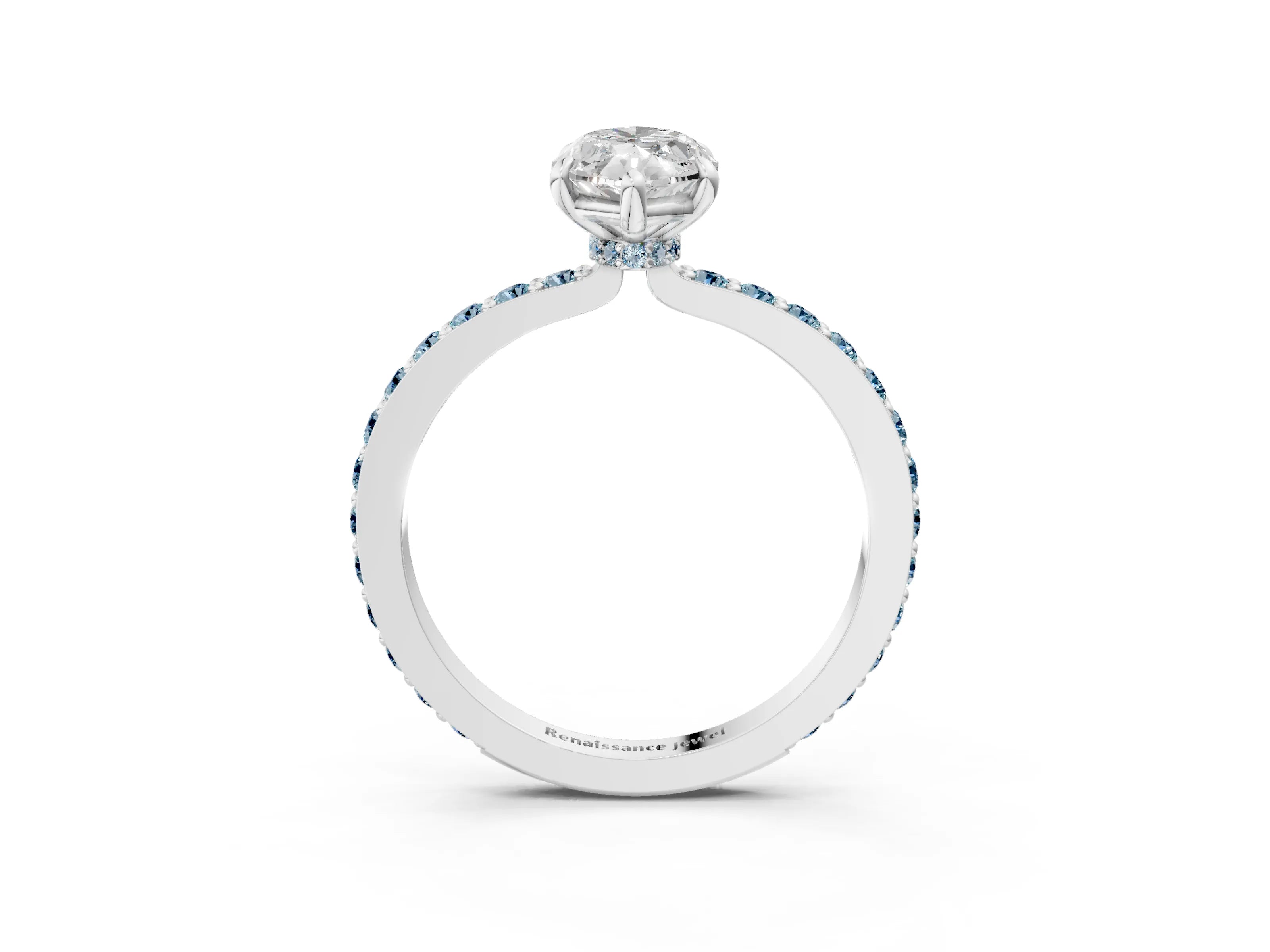 White gold Marquise Cut Diamond Pavé Engagement Ring with Round with Aquamarine side stone Accents and Prong Setting_3