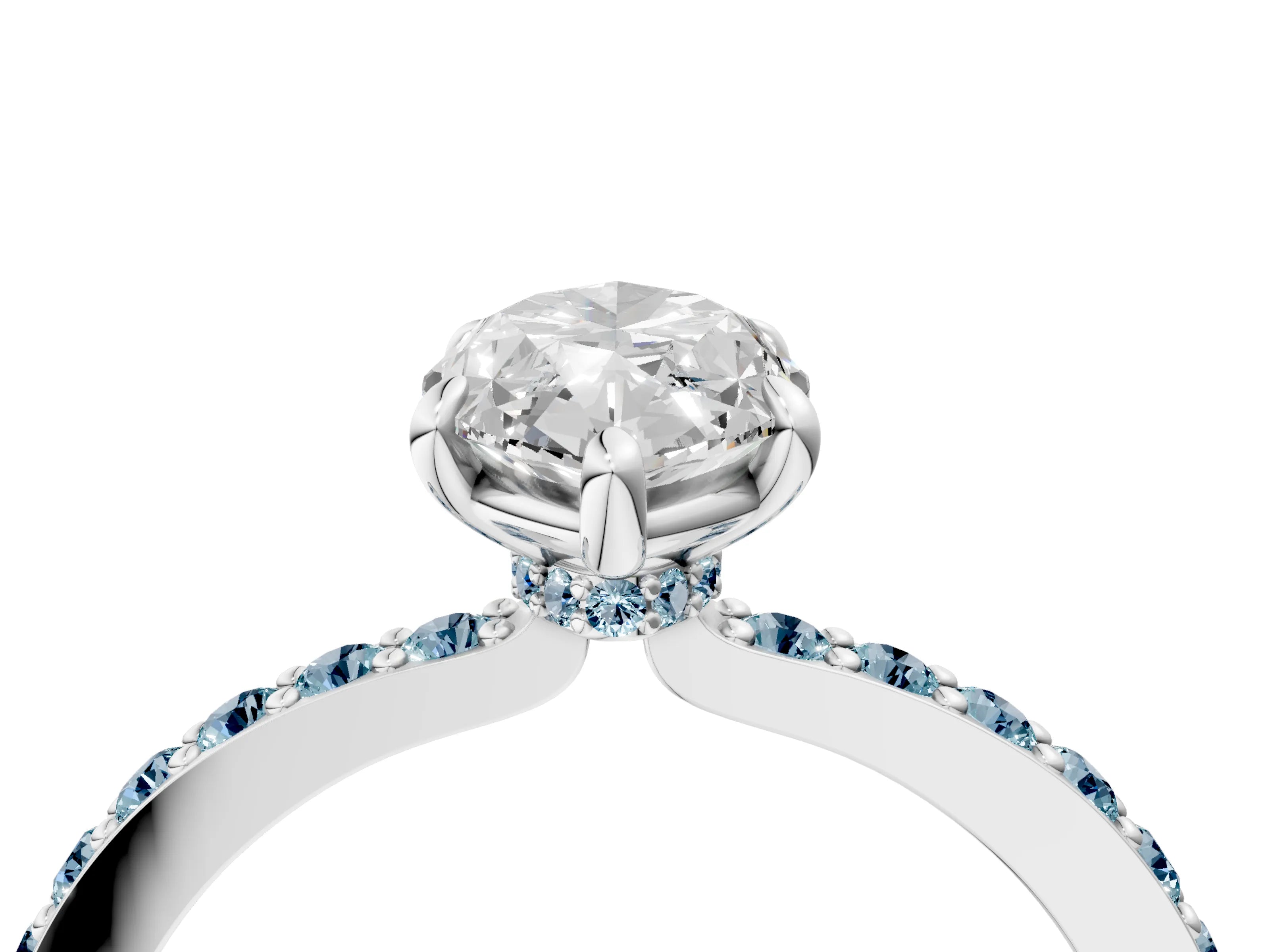 White gold Marquise Cut Diamond Pavé Engagement Ring with Round with Aquamarine side stone Accents and Prong Setting_4