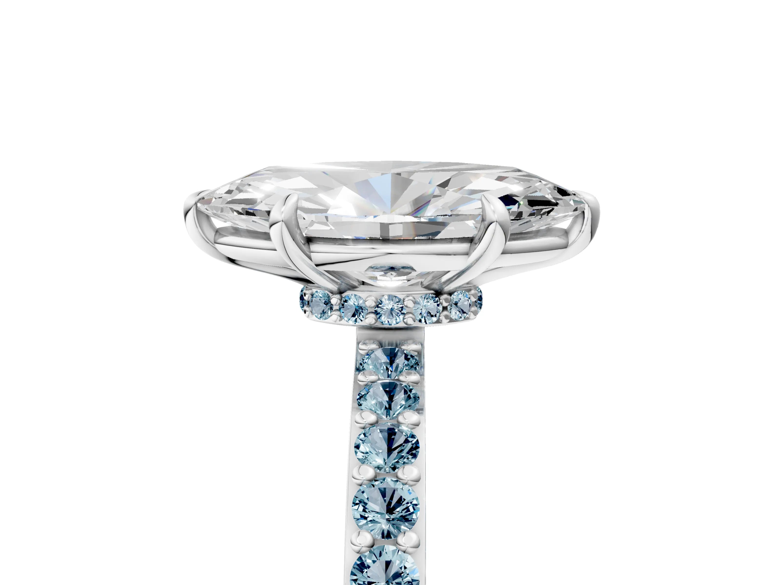 White gold Marquise Cut Diamond Pavé Engagement Ring with Round with Aquamarine side stone Accents and Prong Setting_5