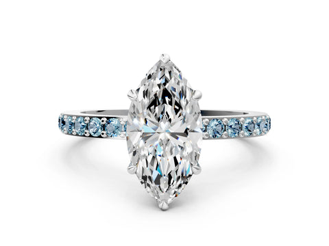 White gold Marquise Cut Diamond Pavé Engagement Ring with Round with Aquamarine side stone Accents and Prong Setting