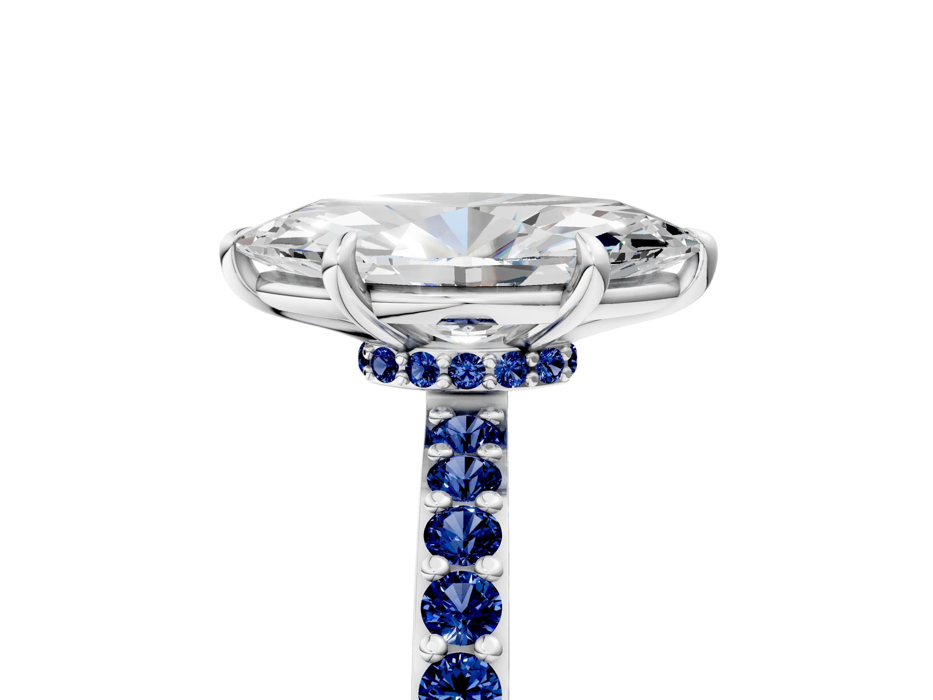 White gold Marquise Cut Diamond Pavé Engagement Ring with Round with Blue Sapphire side stone Accents and Prong Setting_17