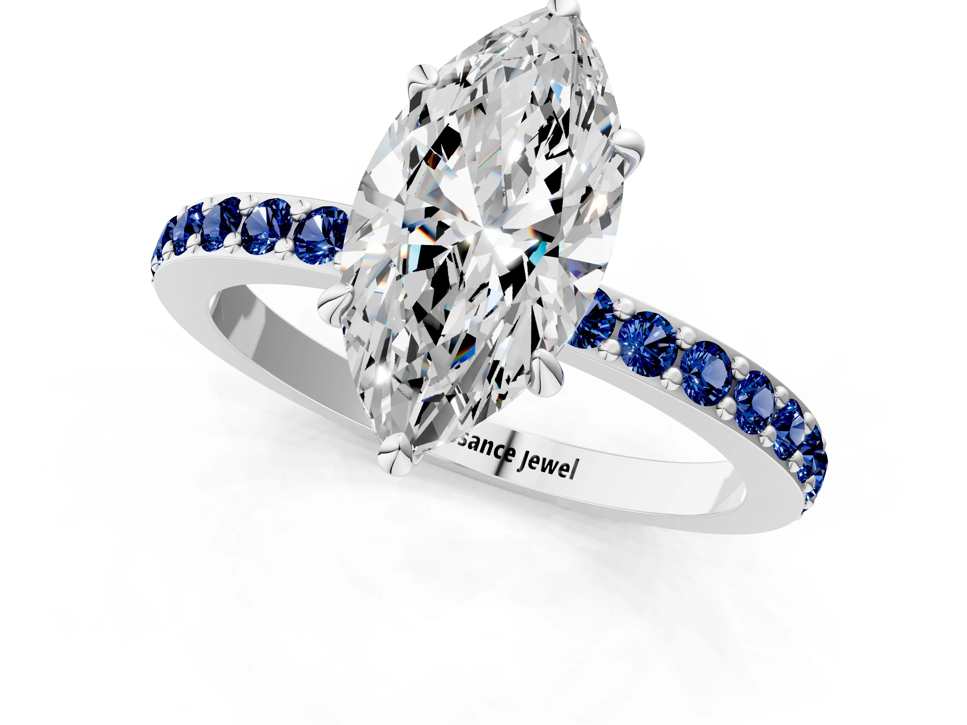 White gold Marquise Cut Diamond Pavé Engagement Ring with Round with Blue Sapphire side stone Accents and Prong Setting_1