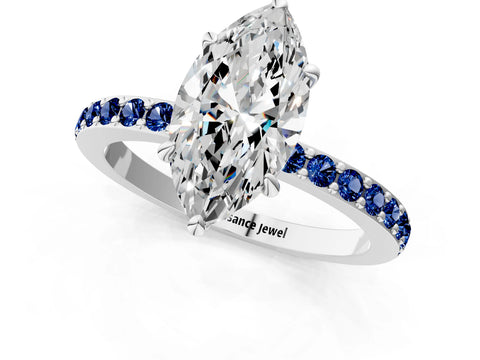 White gold Marquise Cut Diamond Pavé Engagement Ring with Round with Blue Sapphire side stone Accents and Prong Setting_1