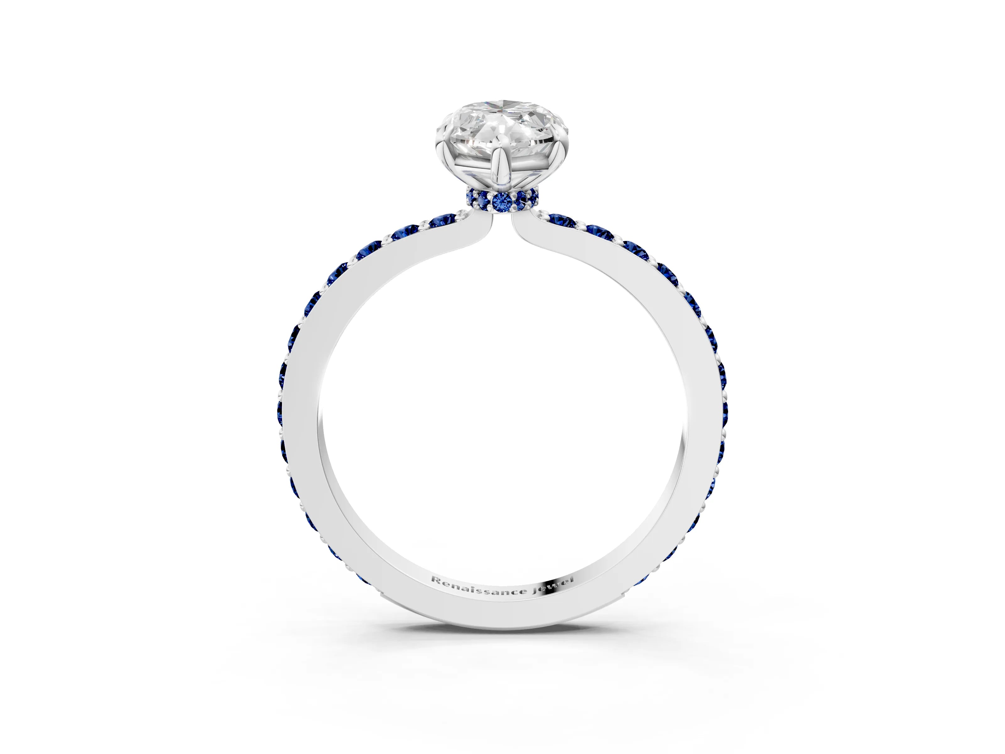 White gold Marquise Cut Diamond Pavé Engagement Ring with Round with Blue Sapphire side stone Accents and Prong Setting_3