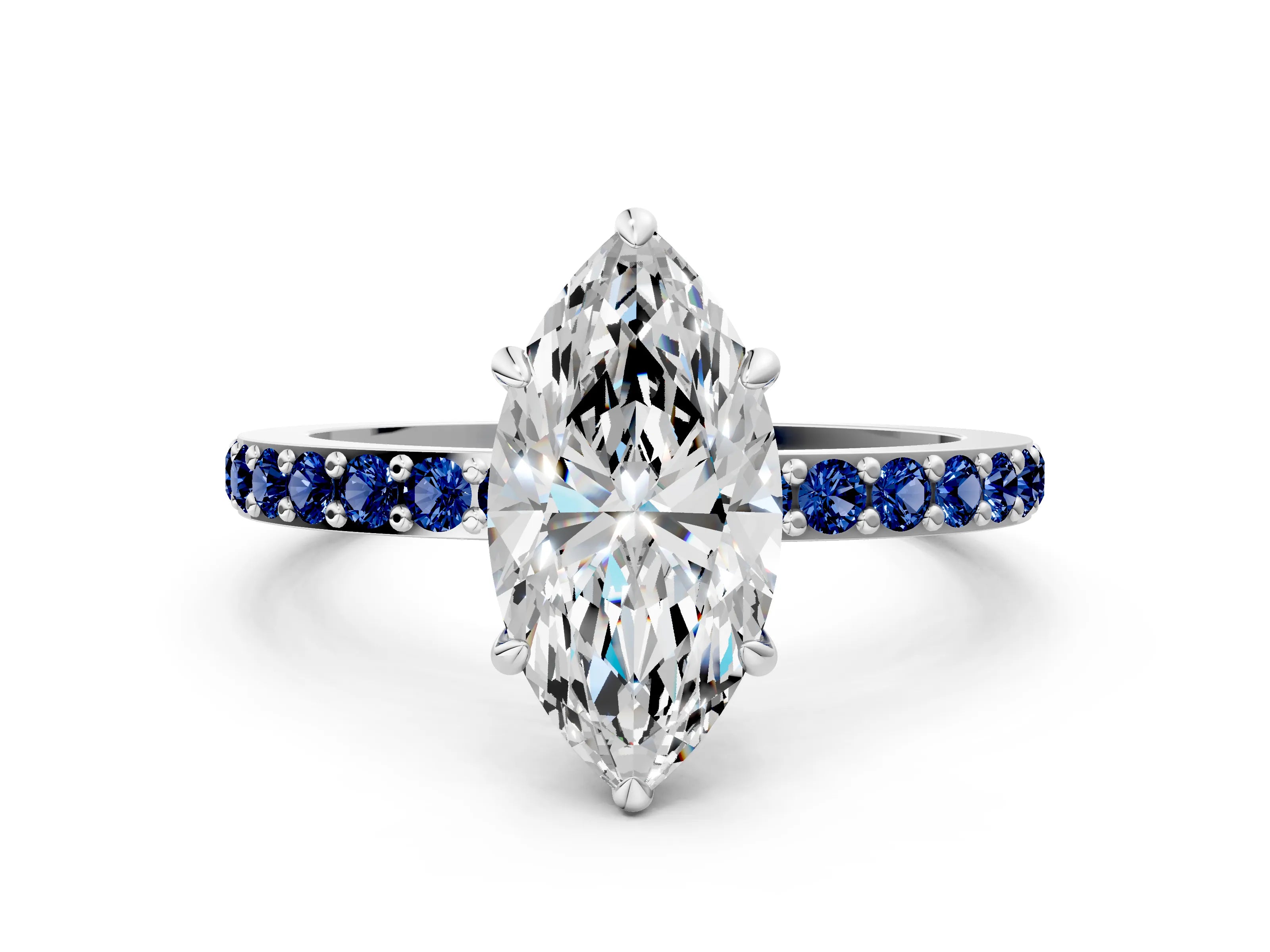 White gold Marquise Cut Diamond Pavé Engagement Ring with Round with Blue Sapphire side stone Accents and Prong Setting