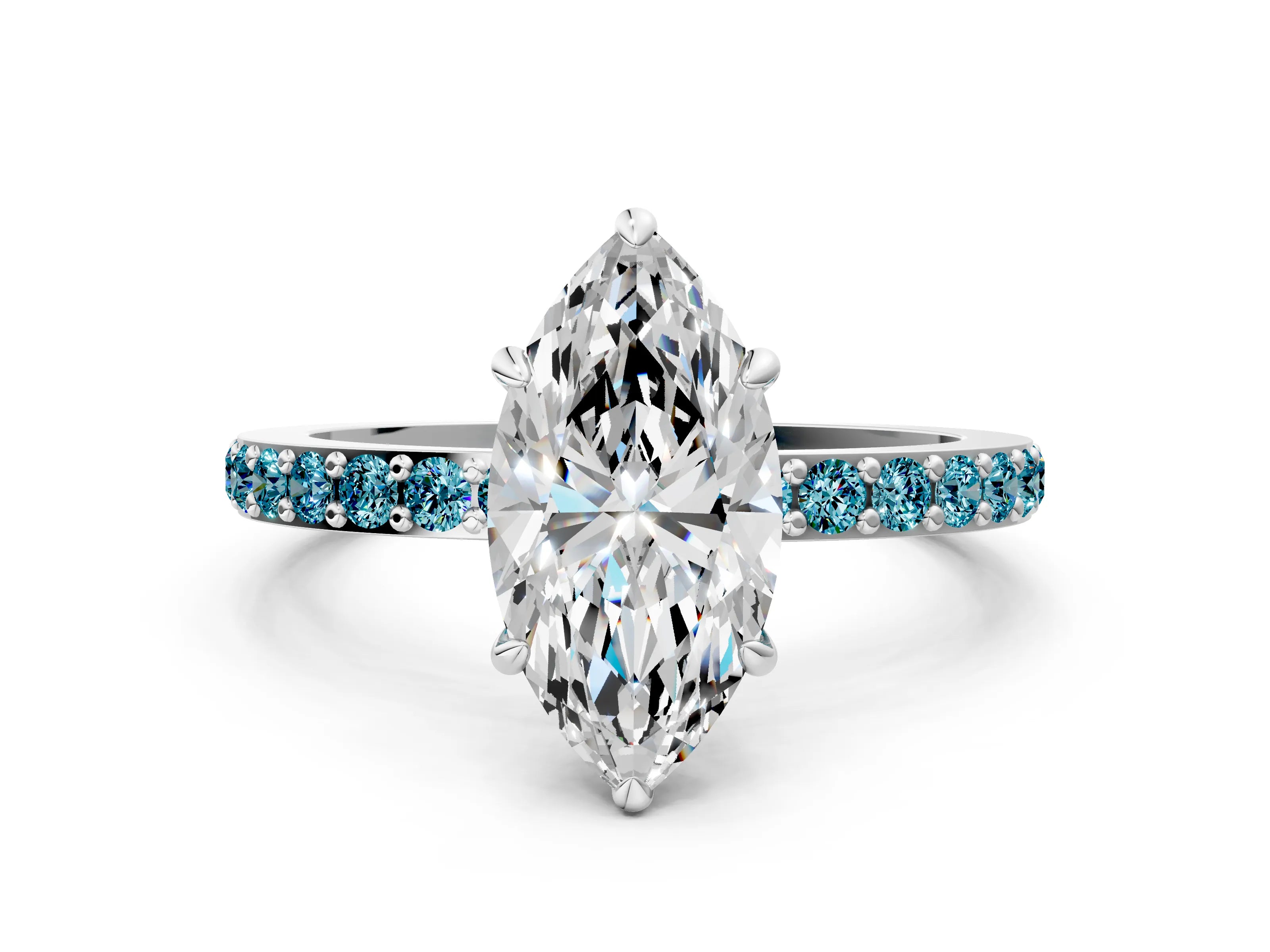 White gold Marquise Cut Diamond Pavé Engagement Ring with Round with Blue Topaz side stone Accents and Prong Setting