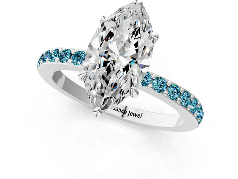 White gold Marquise Cut Diamond Pavé Engagement Ring with Round with Blue Topaz side stone Accents and Prong Setting_1