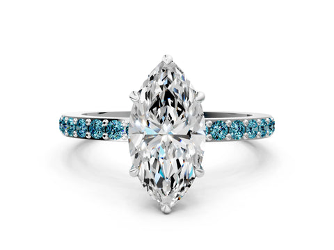 White gold Marquise Cut Diamond Pavé Engagement Ring with Round with Blue Topaz side stone Accents and Prong Setting