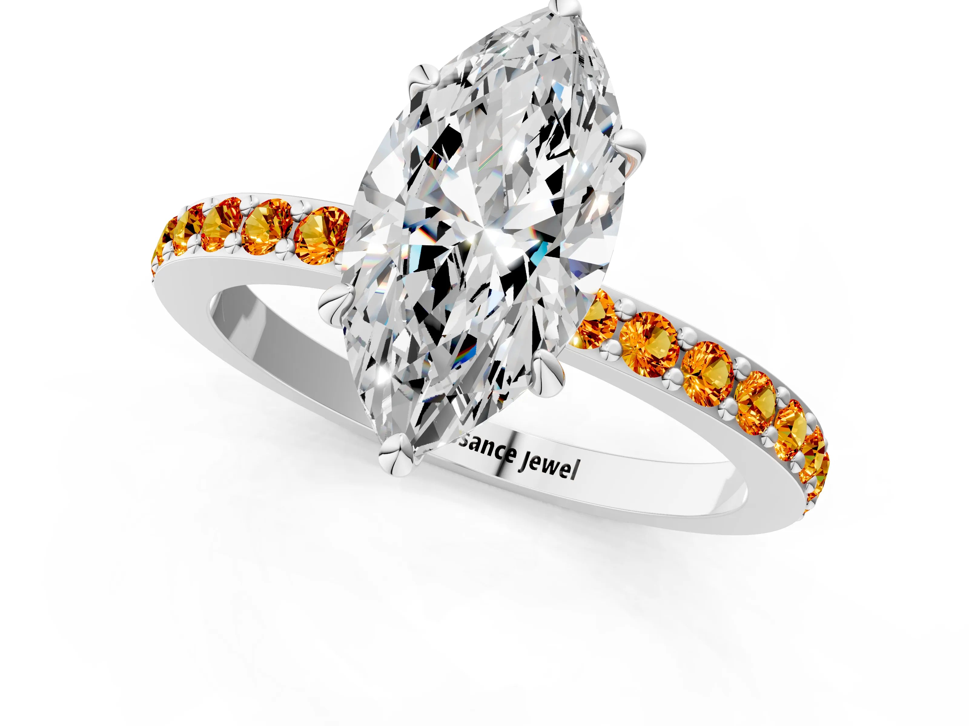 White gold Marquise Cut Diamond Pavé Engagement Ring with Round with Citrine side stone Accents and Prong Setting_13