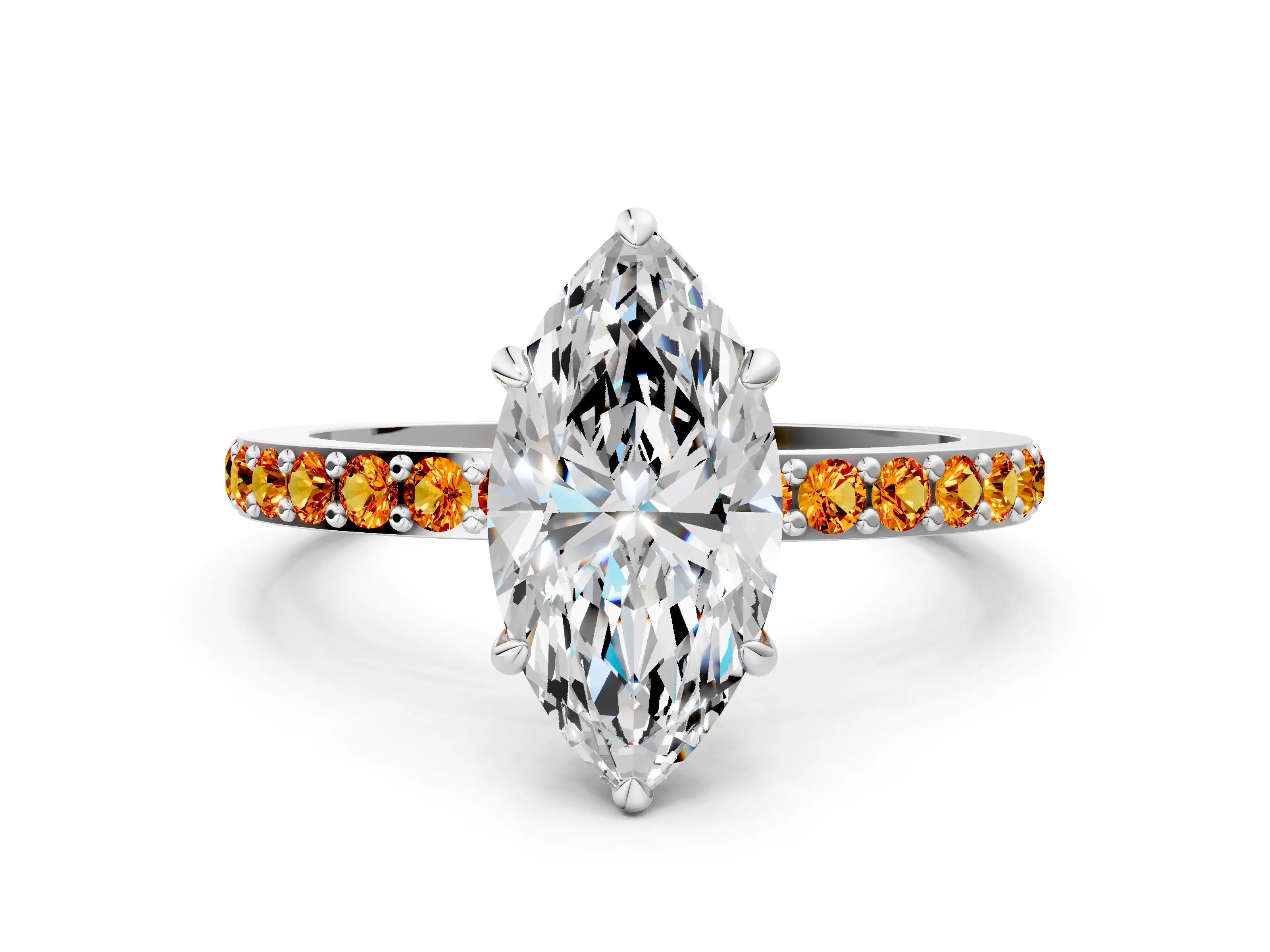 White gold Marquise Cut Diamond Pavé Engagement Ring with Round with Citrine side stone Accents and Prong Setting_24