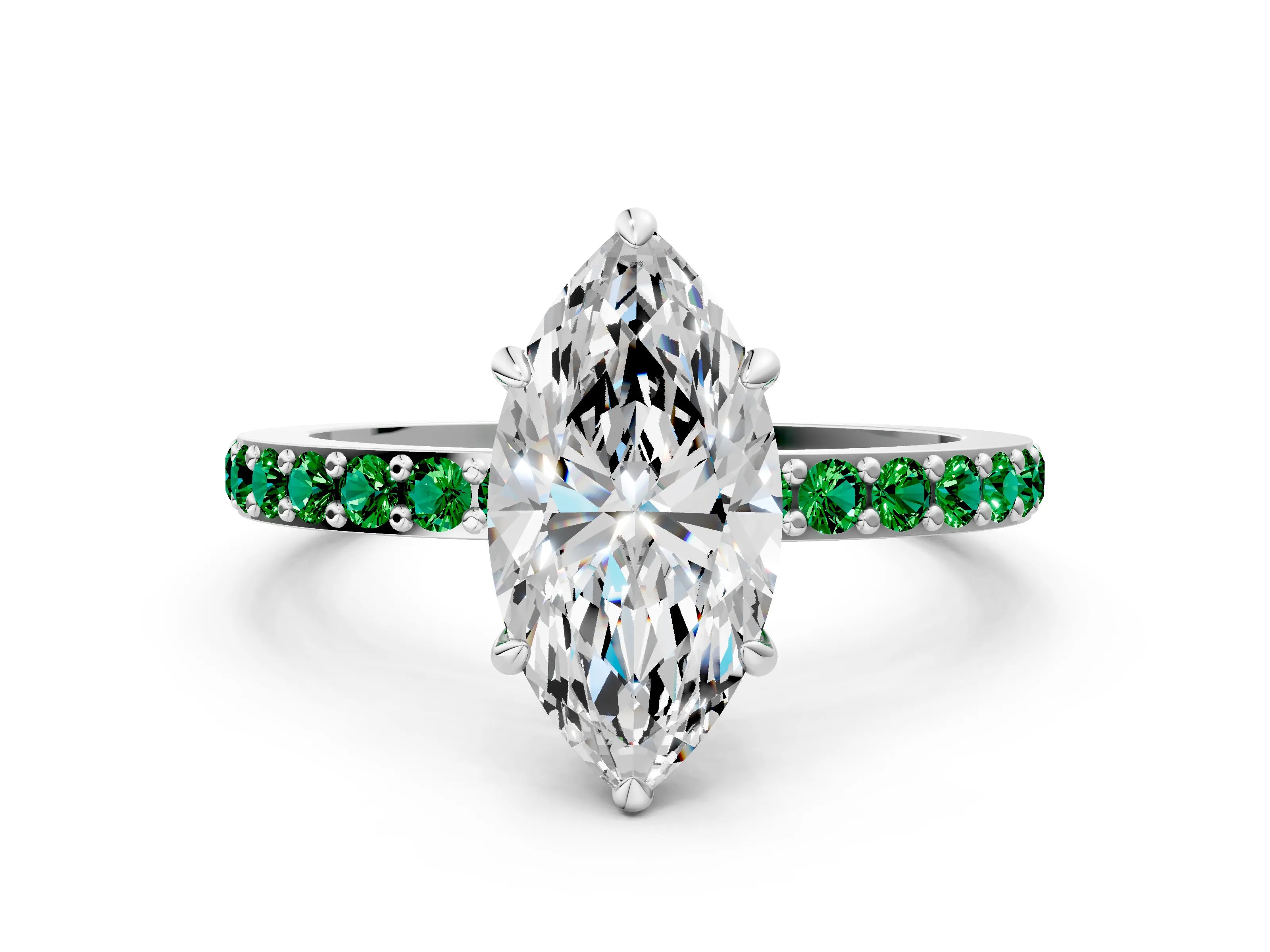White gold Marquise Cut Diamond Pavé Engagement Ring with Round with Emerald side stone Accents and Prong Setting
