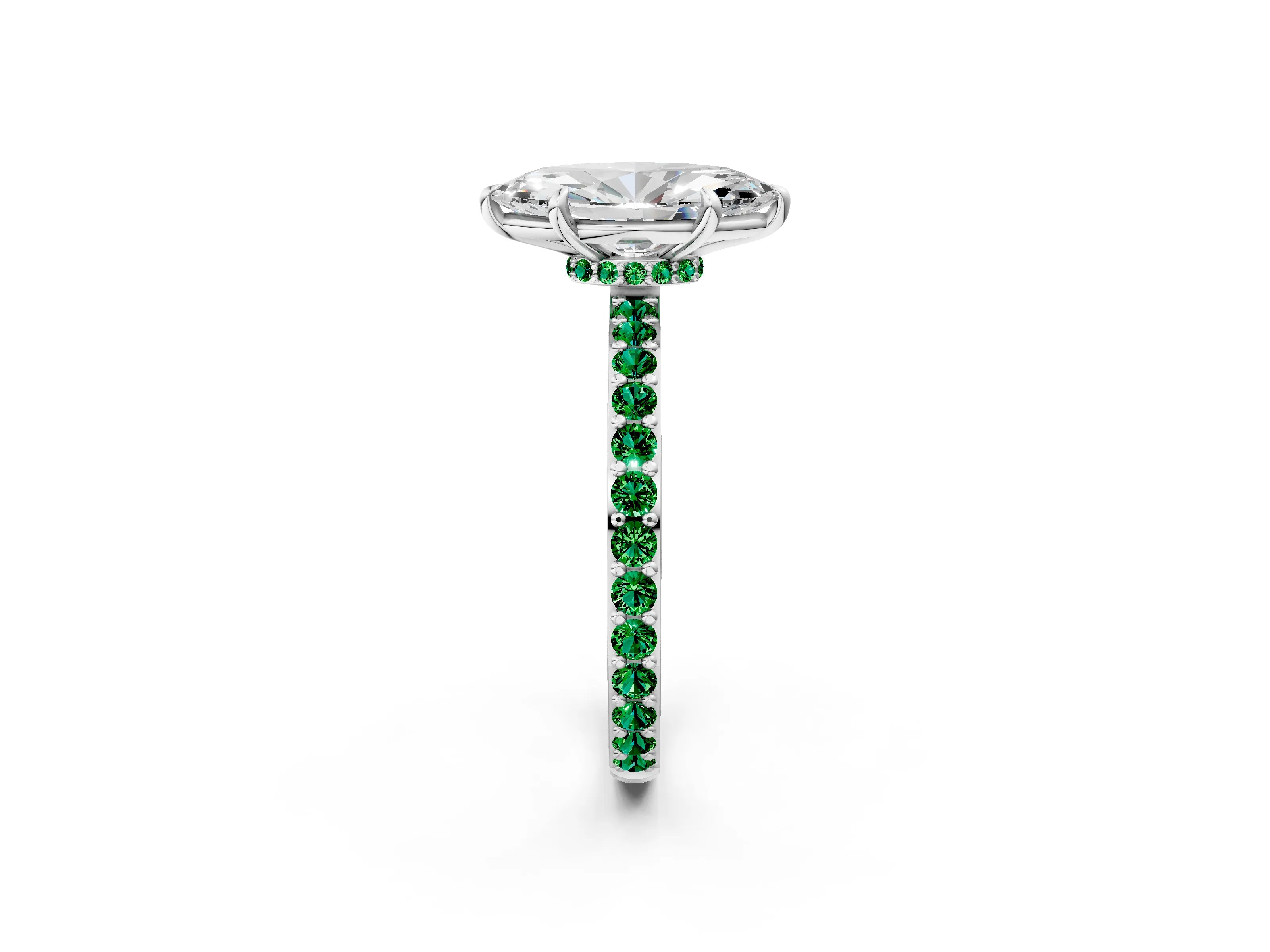 White gold Marquise Cut Diamond Pavé Engagement Ring with Round with Emerald side stone Accents and Prong Setting_14