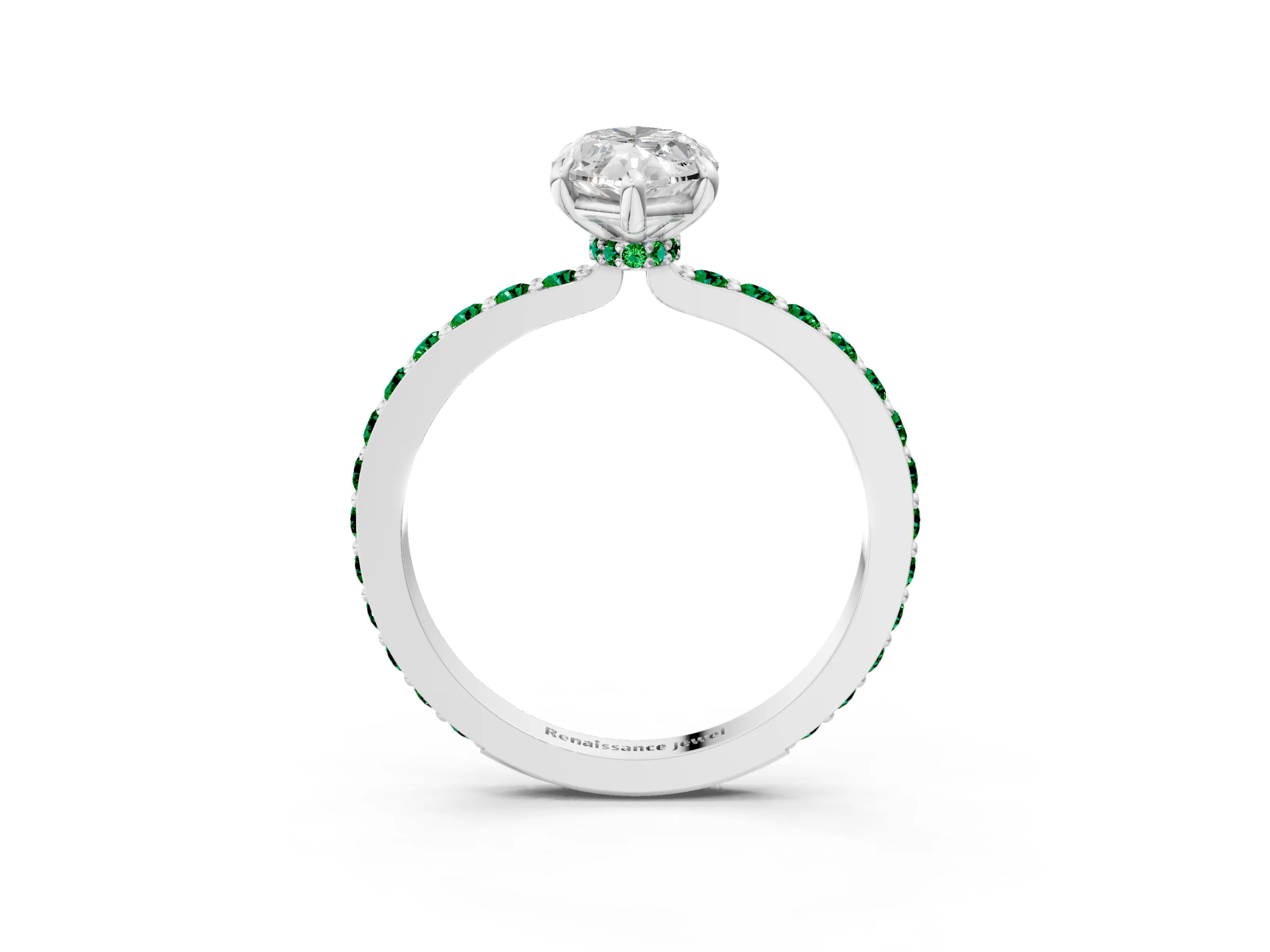 White gold Marquise Cut Diamond Pavé Engagement Ring with Round with Emerald side stone Accents and Prong Setting_15