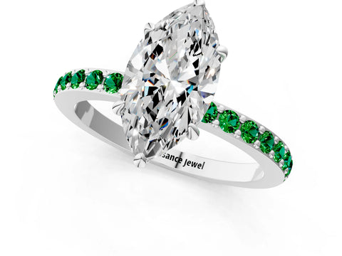 White gold Marquise Cut Diamond Pavé Engagement Ring with Round with Emerald side stone Accents and Prong Setting_1