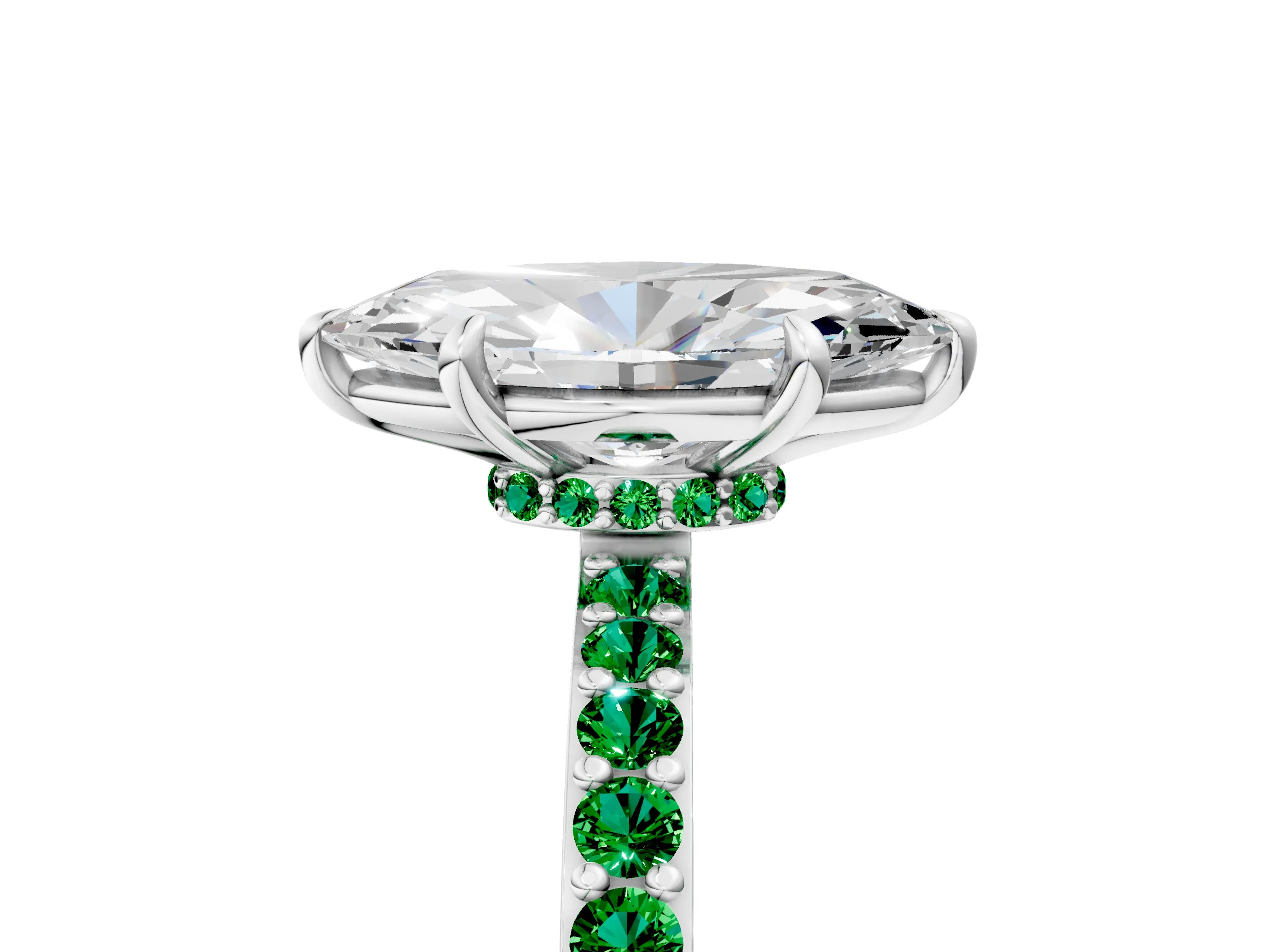 White gold Marquise Cut Diamond Pavé Engagement Ring with Round with Emerald side stone Accents and Prong Setting_5