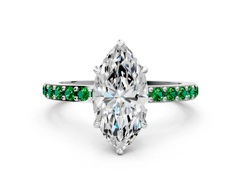 White gold Marquise Cut Diamond Pavé Engagement Ring with Round with Emerald side stone Accents and Prong Setting