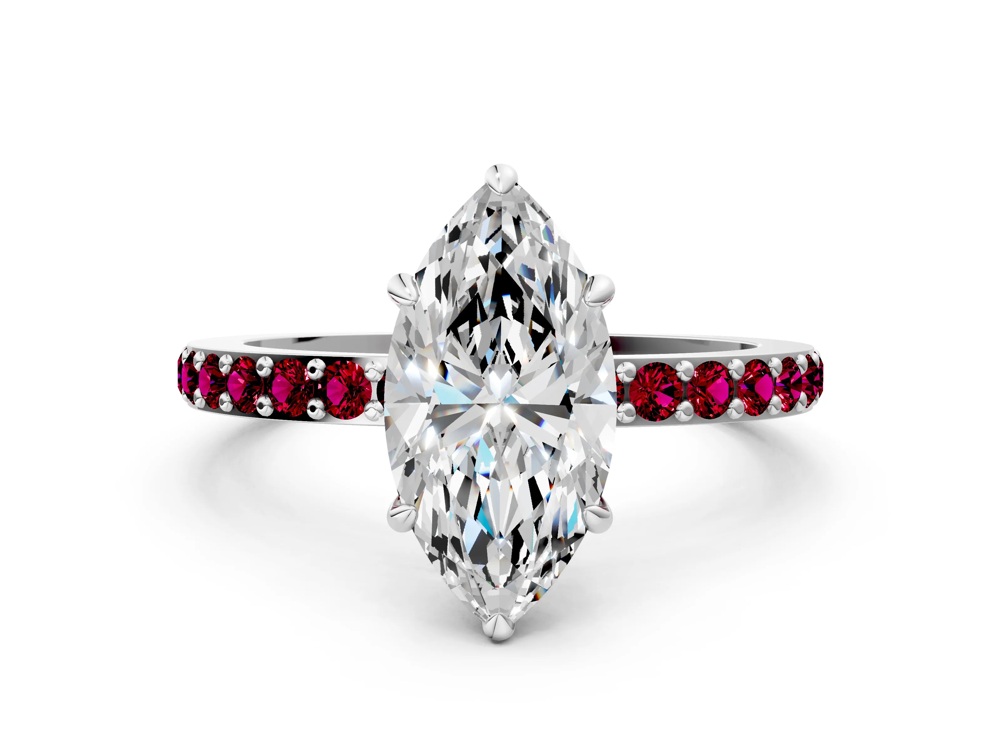 White gold Marquise Cut Diamond Pavé Engagement Ring with Round with Garnet side stone Accents and Prong Setting