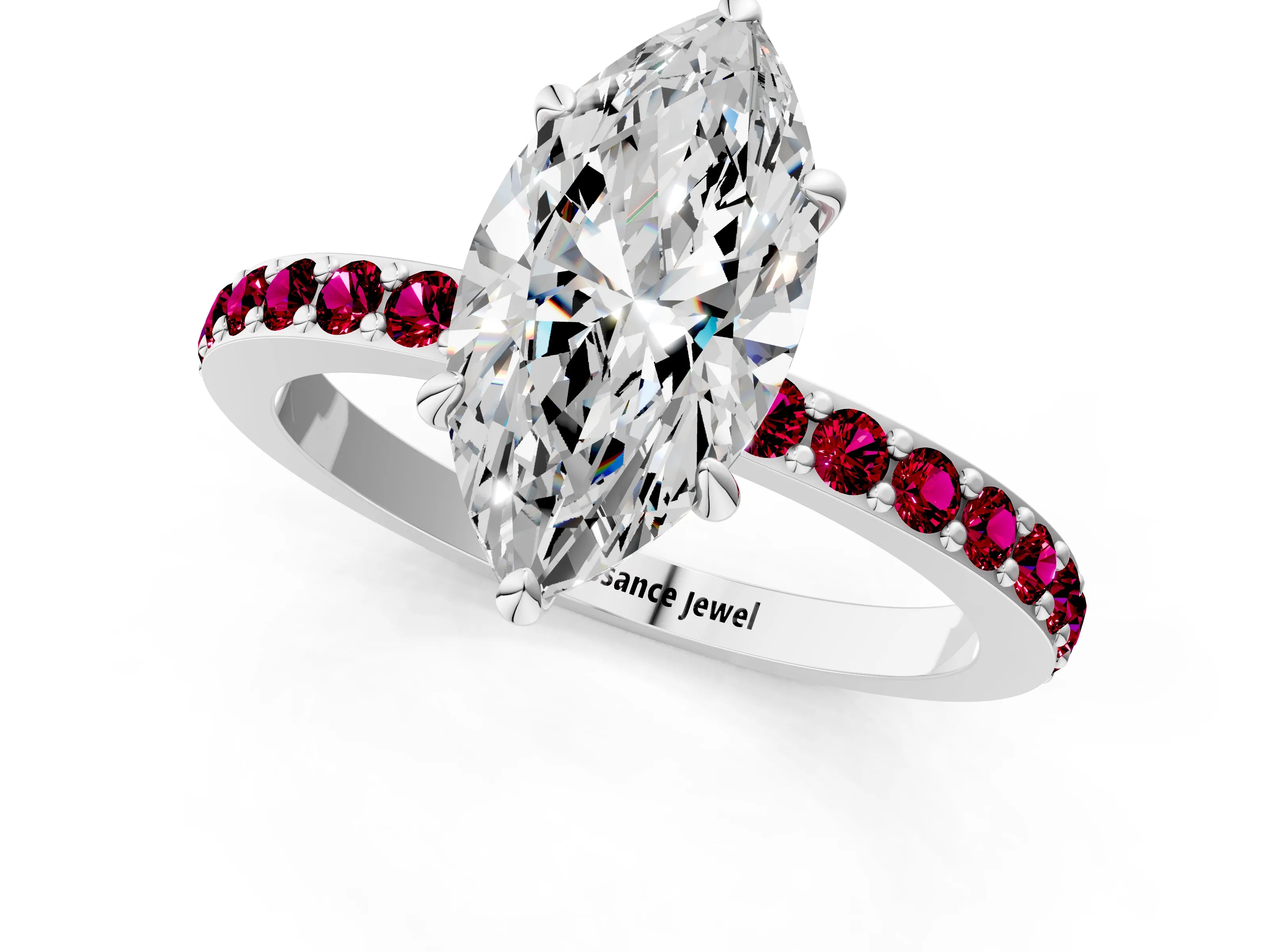 White gold Marquise Cut Diamond Pavé Engagement Ring with Round with Garnet side stone Accents and Prong Setting_13
