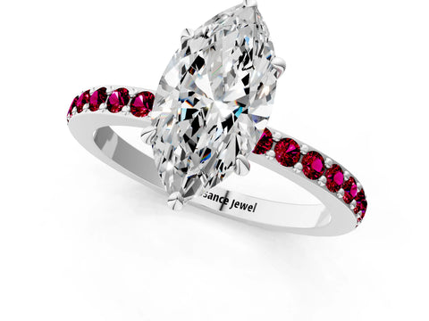 White gold Marquise Cut Diamond Pavé Engagement Ring with Round with Garnet side stone Accents and Prong Setting_1