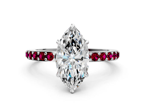 White gold Marquise Cut Diamond Pavé Engagement Ring with Round with Garnet side stone Accents and Prong Setting