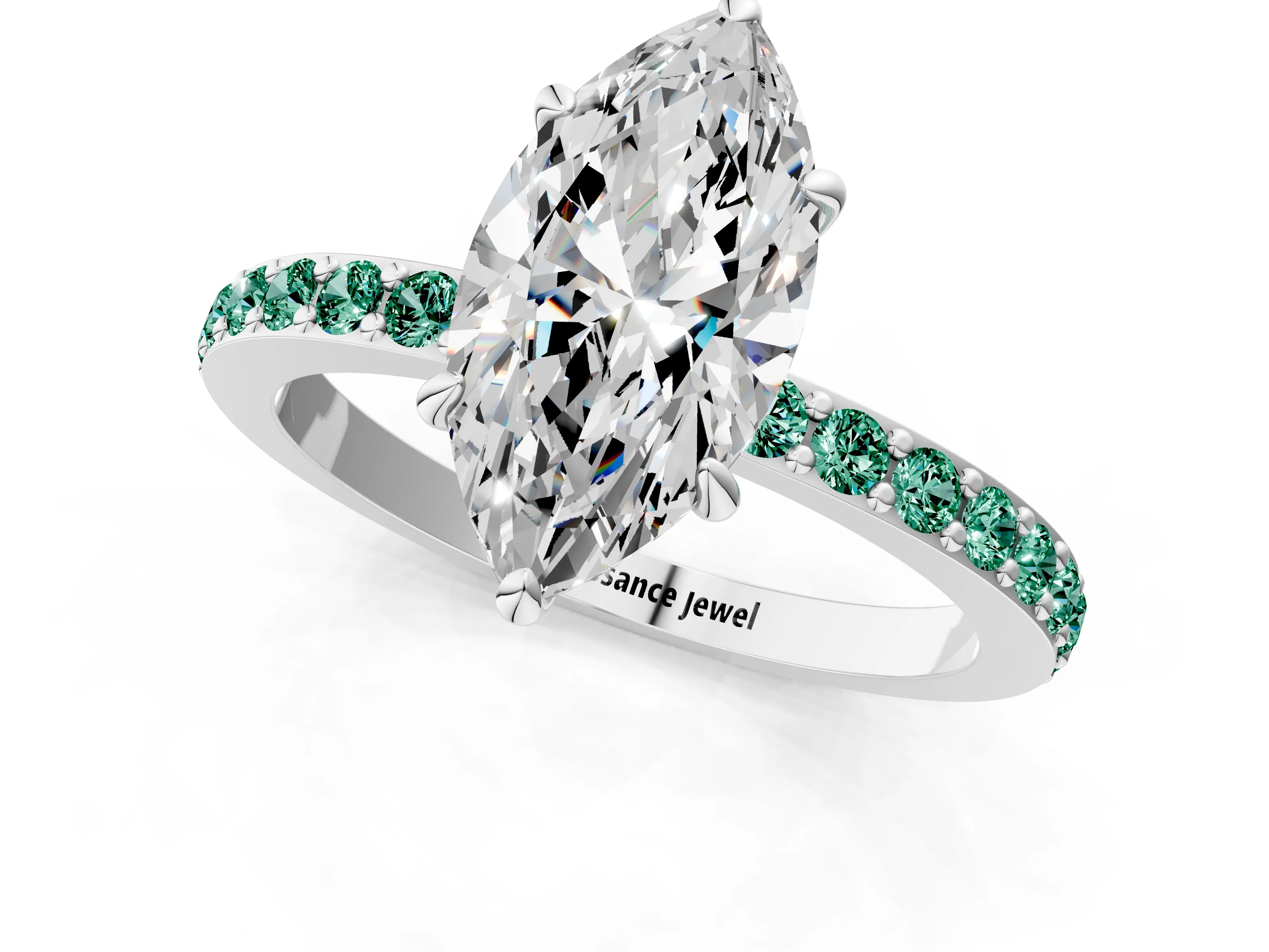 White gold Marquise Cut Diamond Pavé Engagement Ring with Round with Green Sapphire side stone Accents and Prong Setting_1