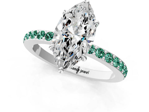 White gold Marquise Cut Diamond Pavé Engagement Ring with Round with Green Sapphire side stone Accents and Prong Setting_1