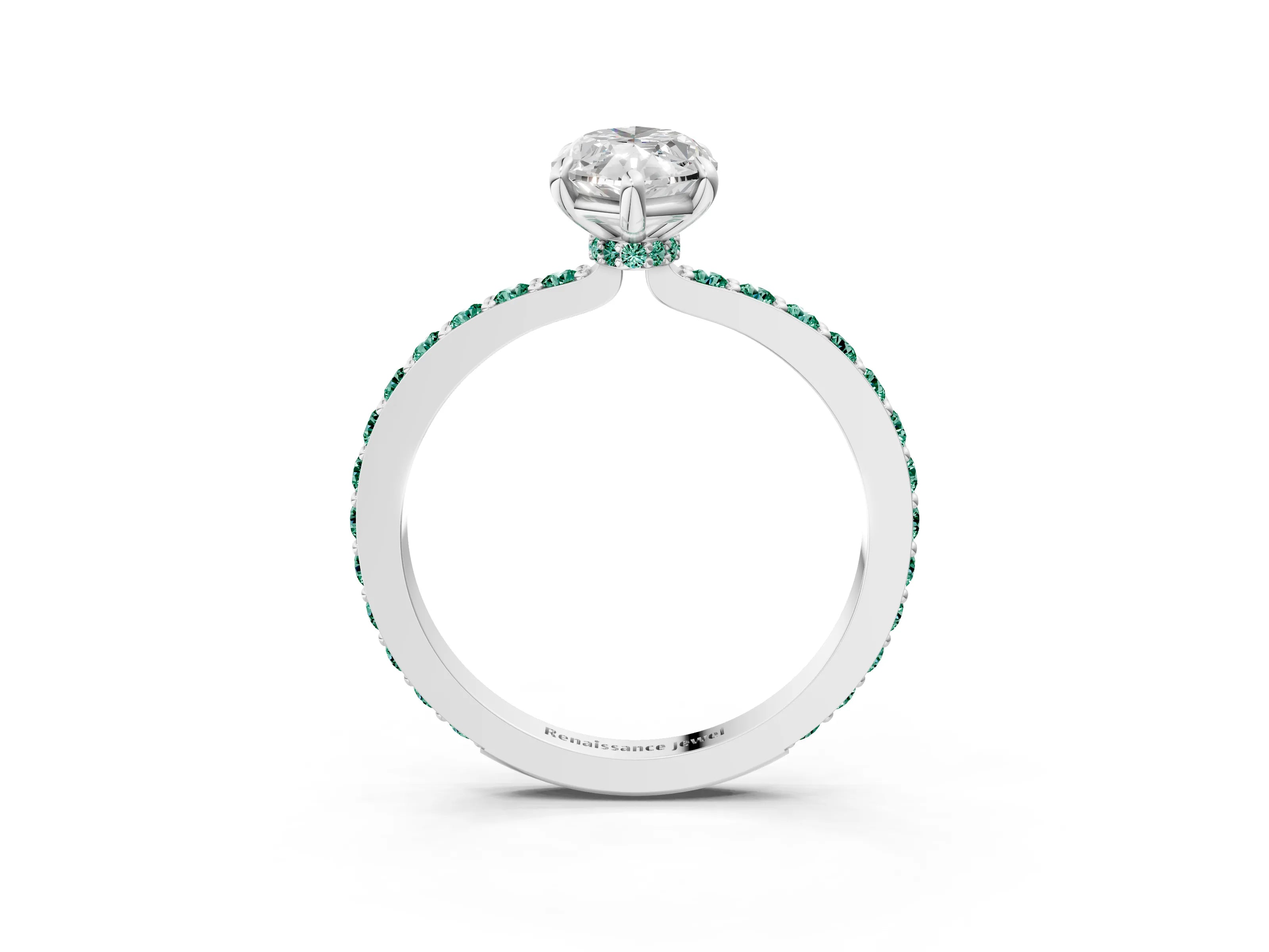 White gold Marquise Cut Diamond Pavé Engagement Ring with Round with Green Sapphire side stone Accents and Prong Setting_3