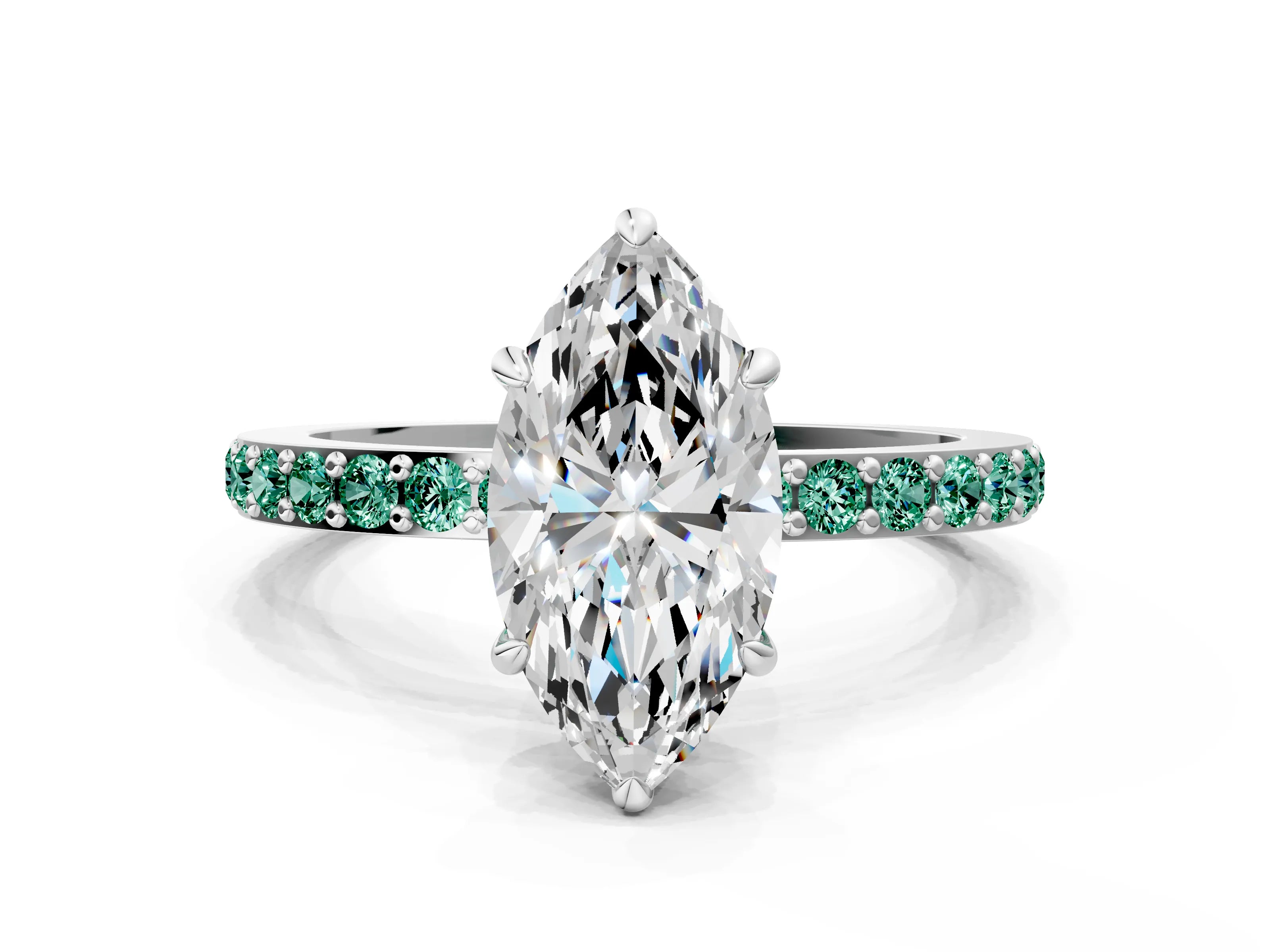 White gold Marquise Cut Diamond Pavé Engagement Ring with Round with Green Sapphire side stone Accents and Prong Setting