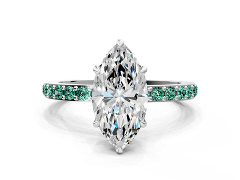 White gold Marquise Cut Diamond Pavé Engagement Ring with Round with Green Sapphire side stone Accents and Prong Setting