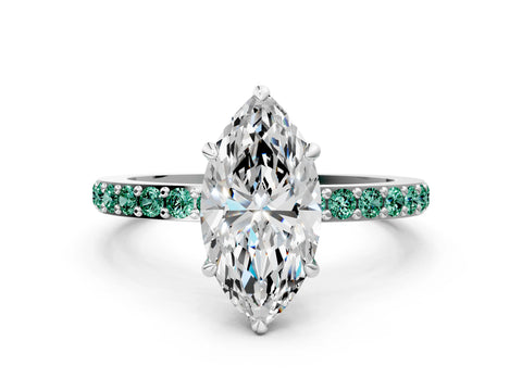 White gold Marquise Cut Diamond Pavé Engagement Ring with Round with Green Sapphire side stone Accents and Prong Setting_6