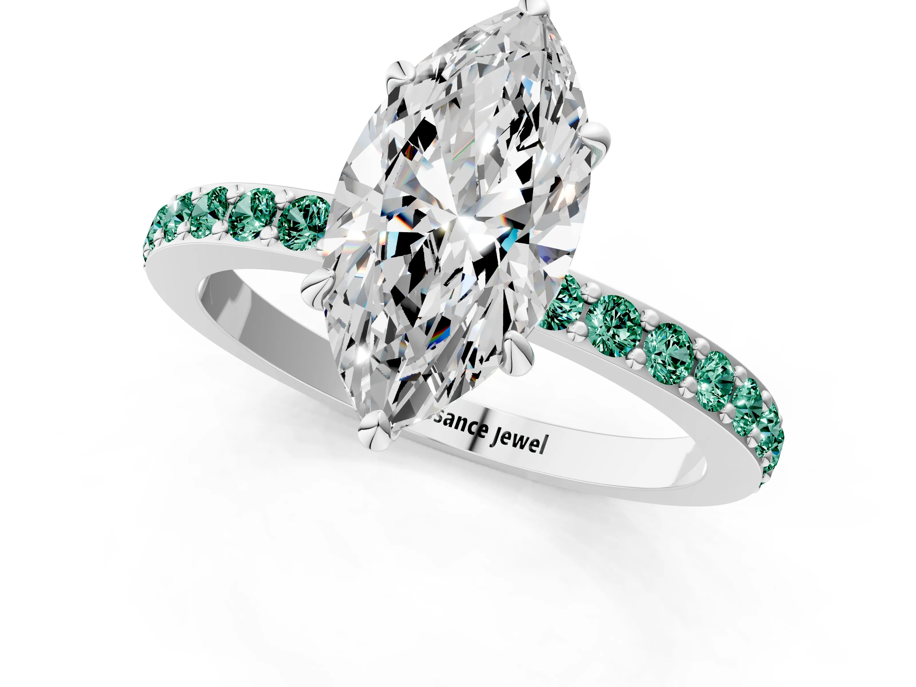 White gold Marquise Cut Diamond Pavé Engagement Ring with Round with Green Sapphire side stone Accents and Prong Setting_7